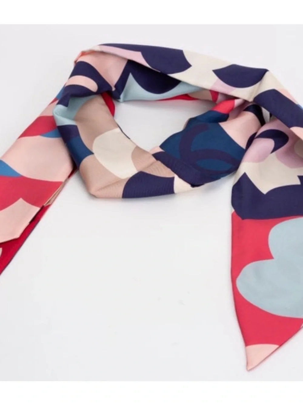 Authentic Chanel  Blue Red Flower Maxi Twilly, Necktie or purse Scarf Silk